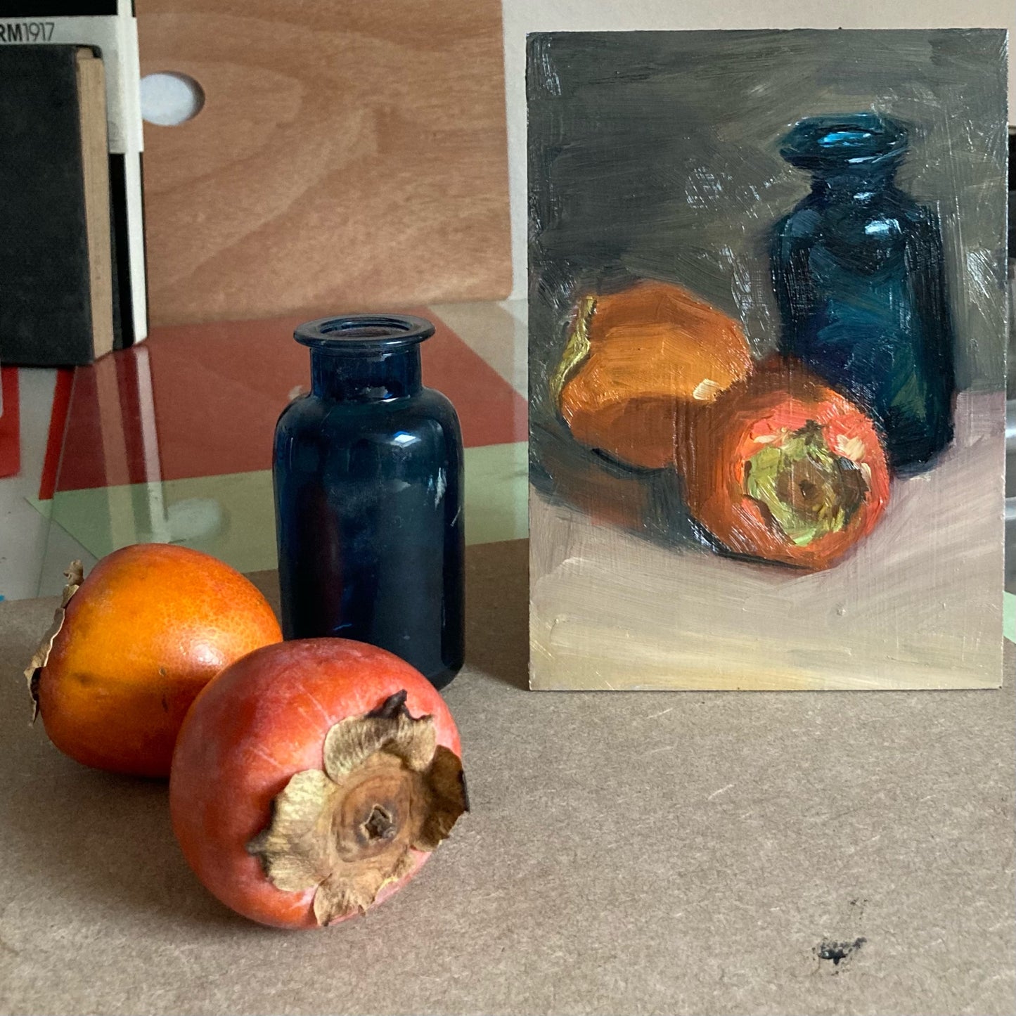 Small Still Life with Persimmons and Blue glass