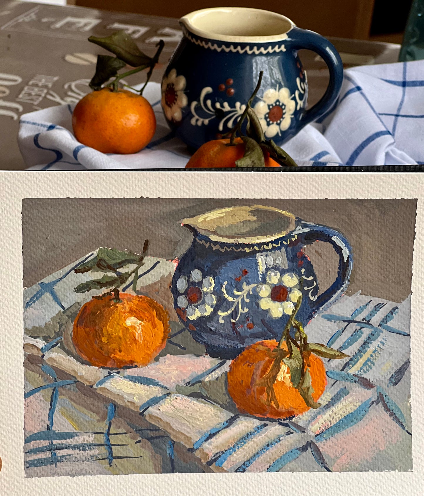 Gouache Painting - Oranges with Blue Jar!