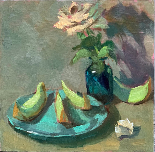 Melon Slices and a Rose - original oil painting