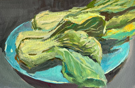 Gouache Painting - Bok Choy leaves on Blue