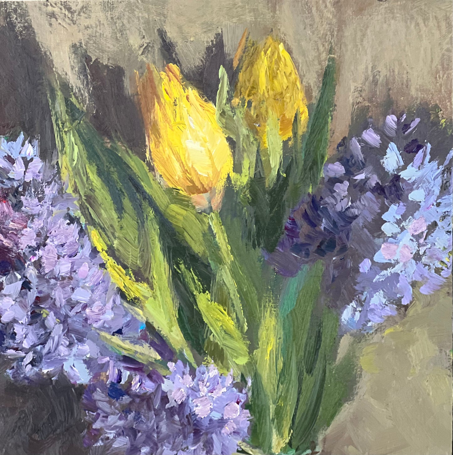 Floral Painting - Tulips and Purple Hyacinths