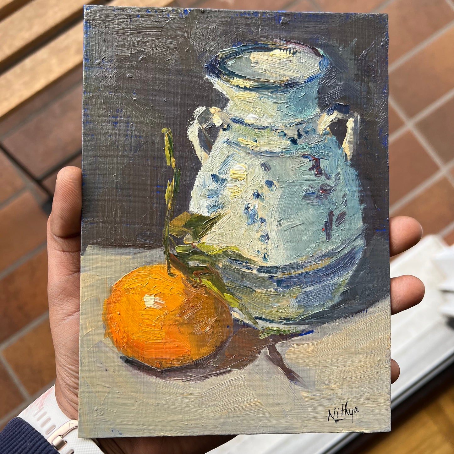 Small Stilllife Painting - Orange and Ceramic Jar