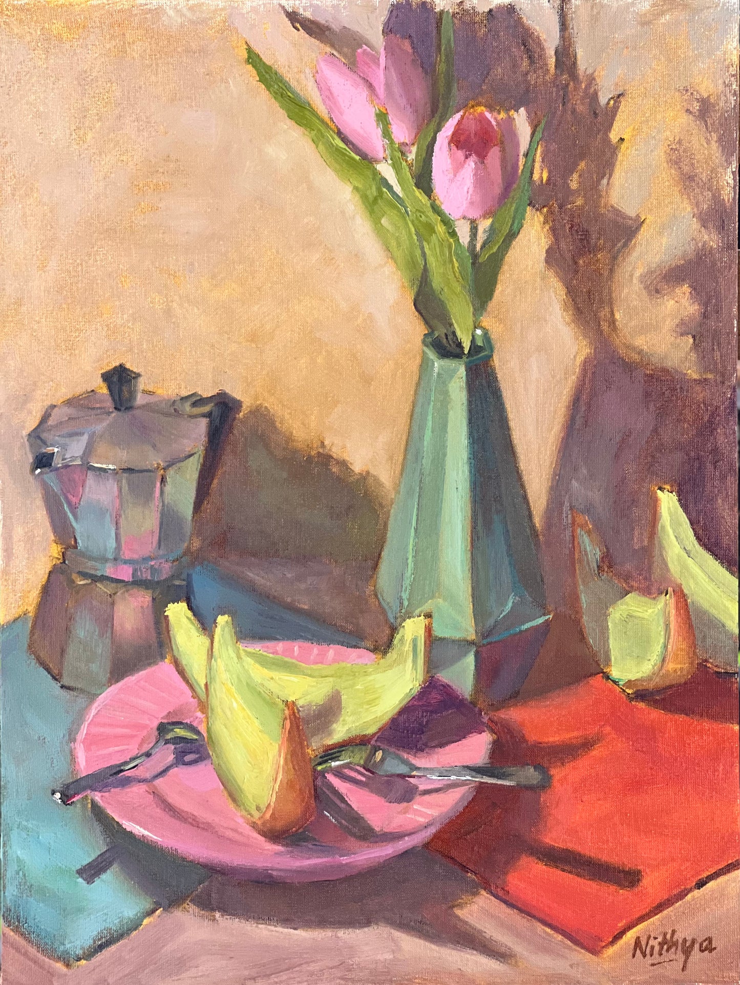 Original Oil Painting - Tulips and Melon Slices