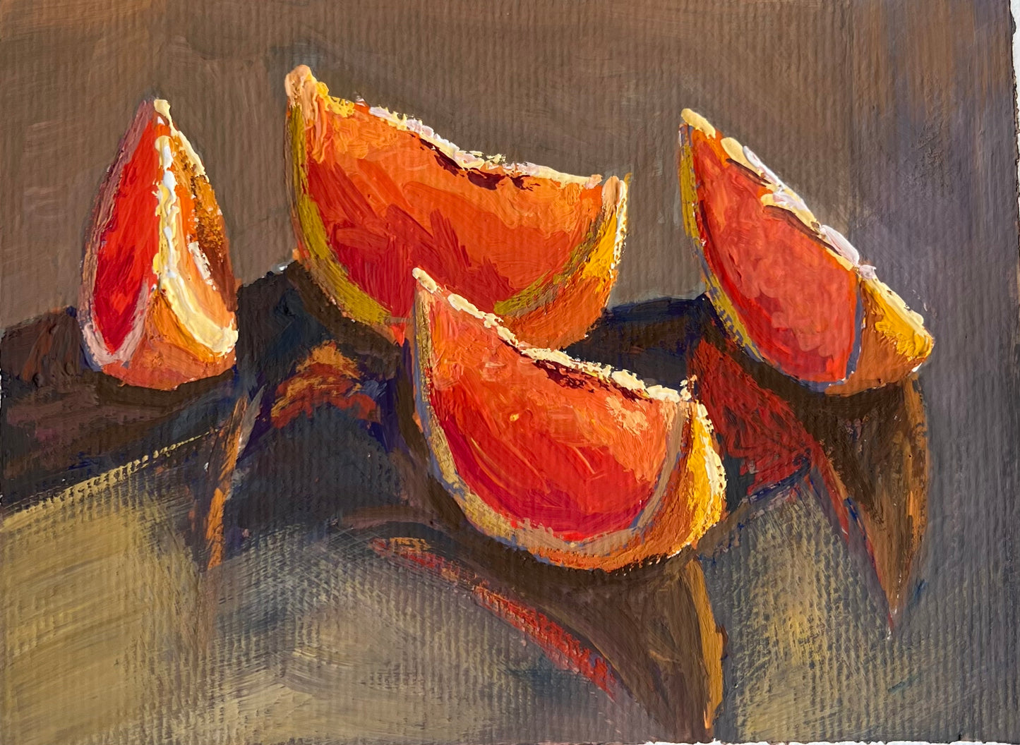 Gouache Painting - Grapefruit slices on black