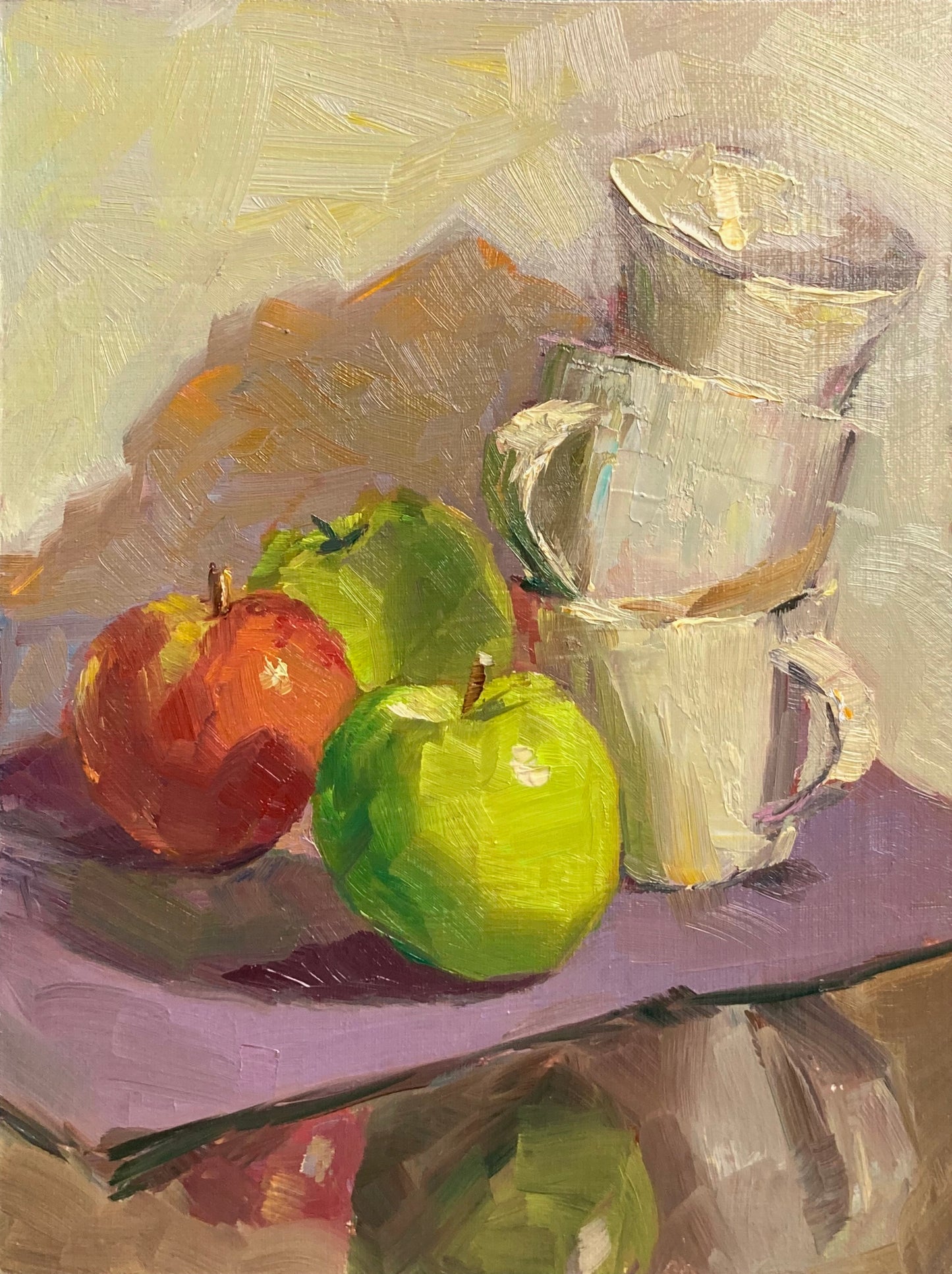 Green and Red Apples - Small Original Oil Painting