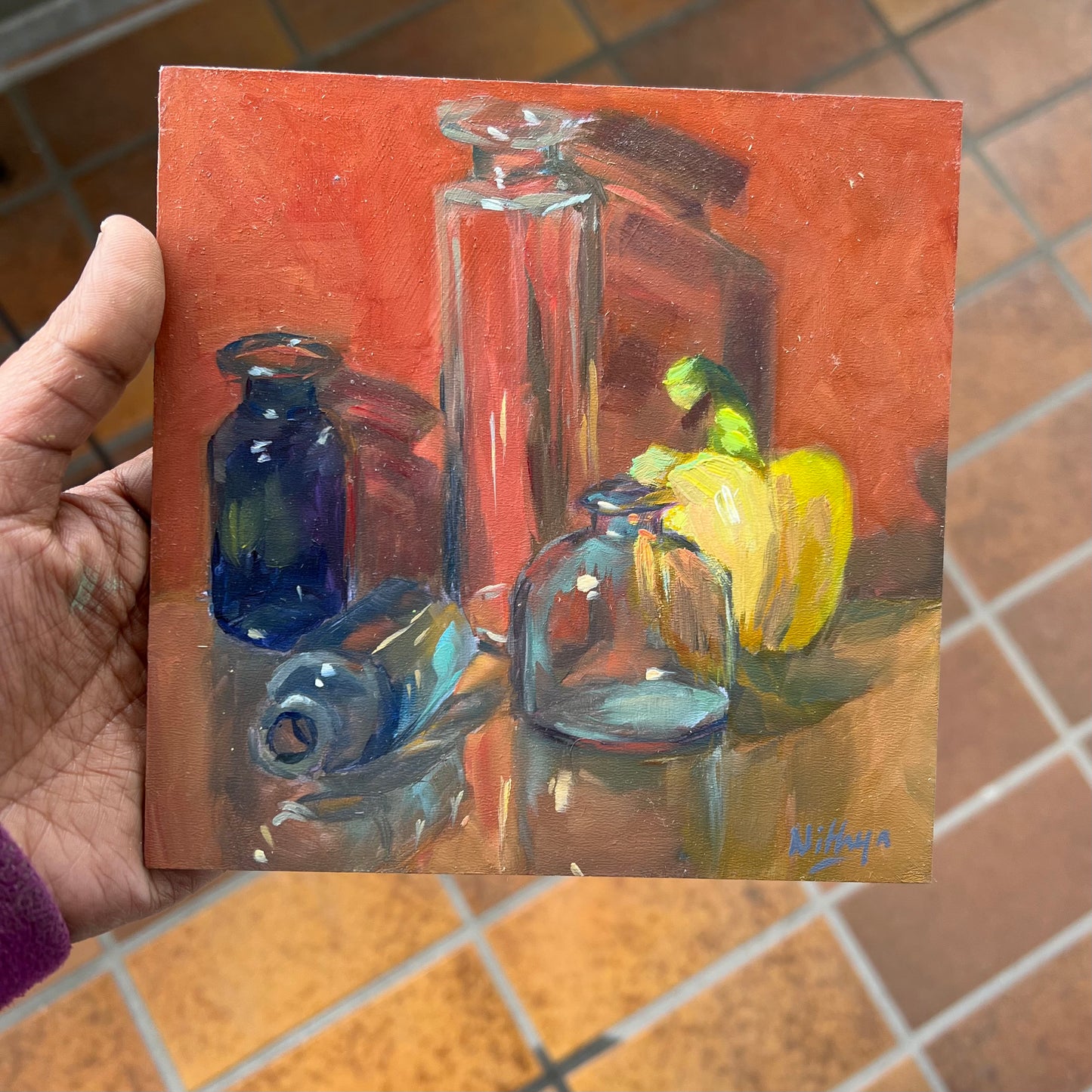 Small Oil Painting - Bottles with a pepper 2