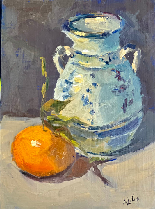 Small Stilllife Painting - Orange and Ceramic Jar