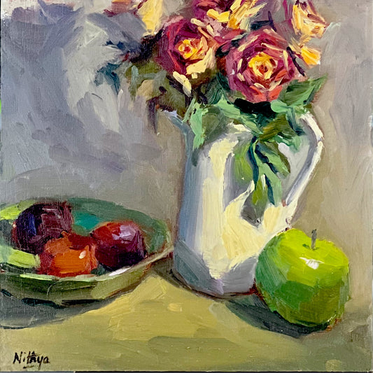 Still Life in Red and Green - Original Oil Painting