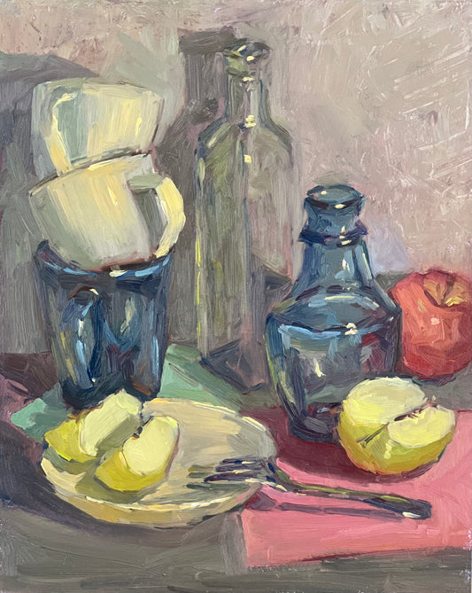 Still Life Oil Painting - Cut up apples and glass!