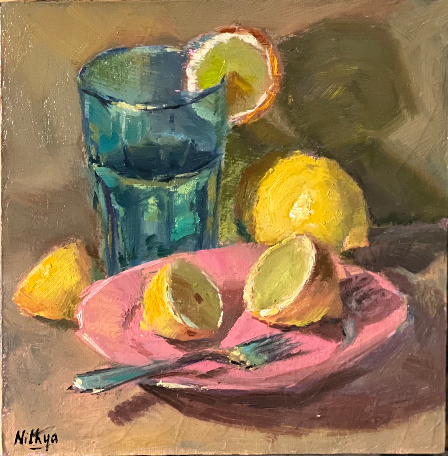 Lemons with a blue glass - Small oil painting, 8 by 8 inches