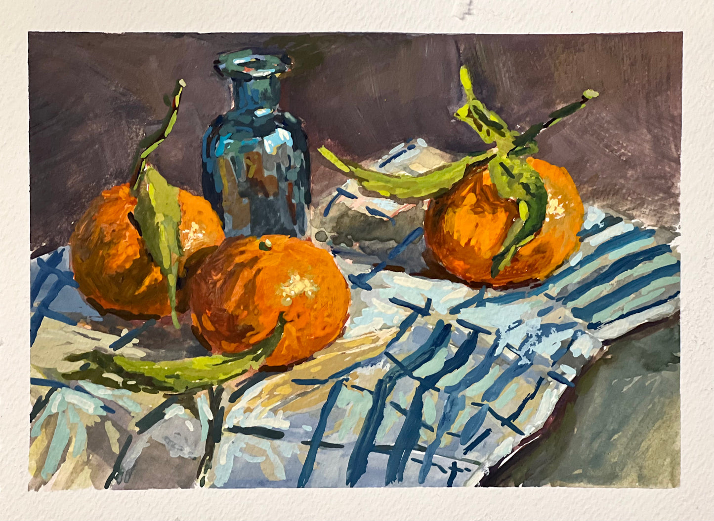 Gouache Painting - Oranges and a blue bottle