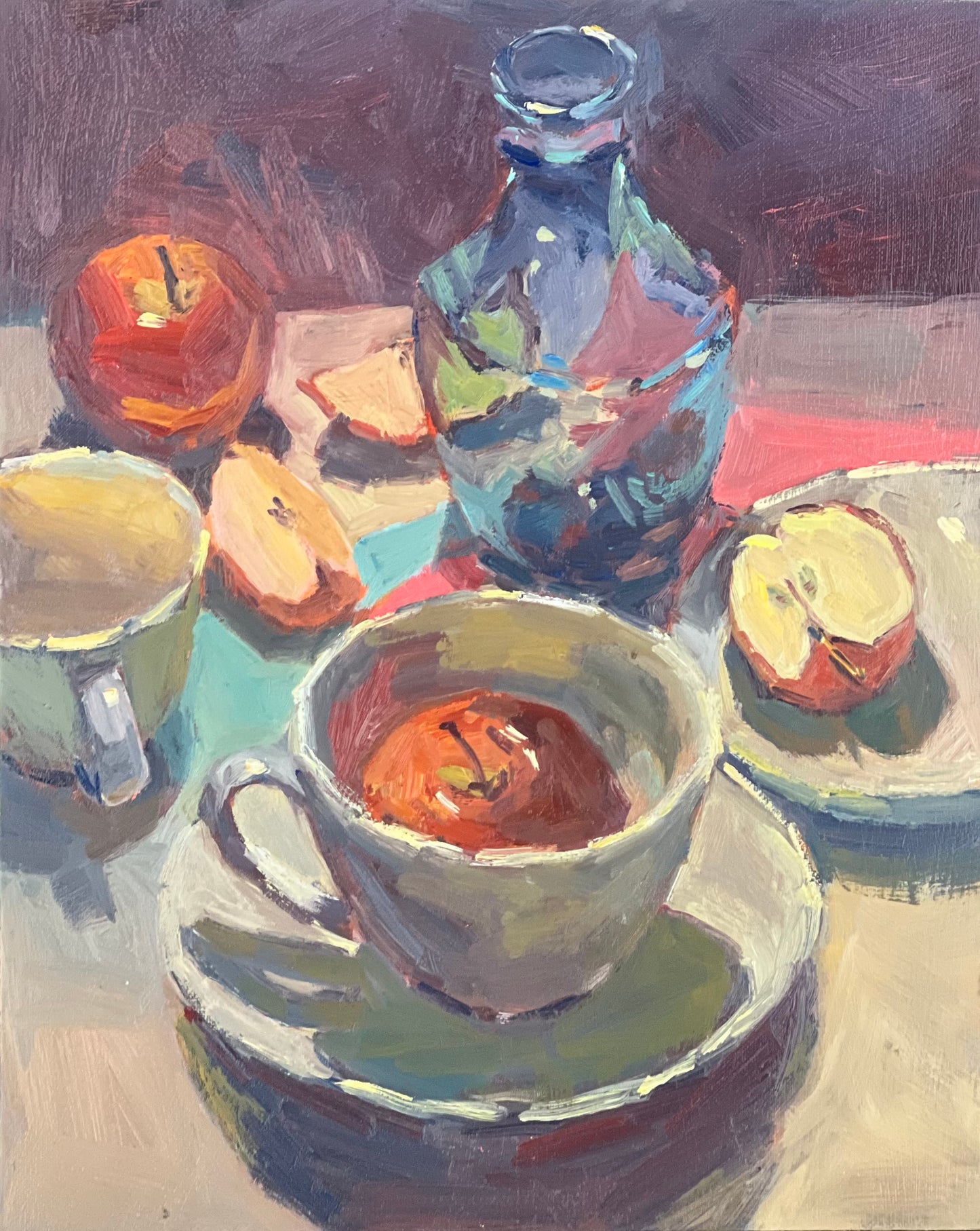 Still Life Oil Painting - Apple reflections in a blue vase