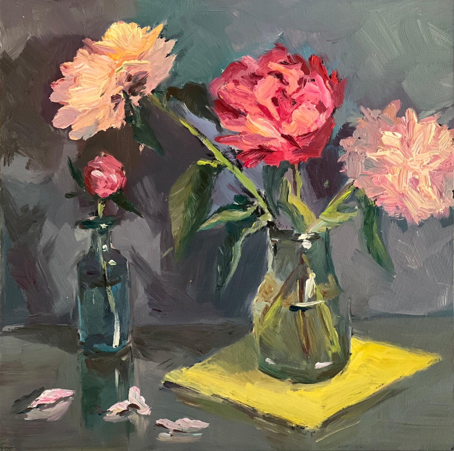 Pink Peonies on Yellow - Original Oil Painting of Flowers