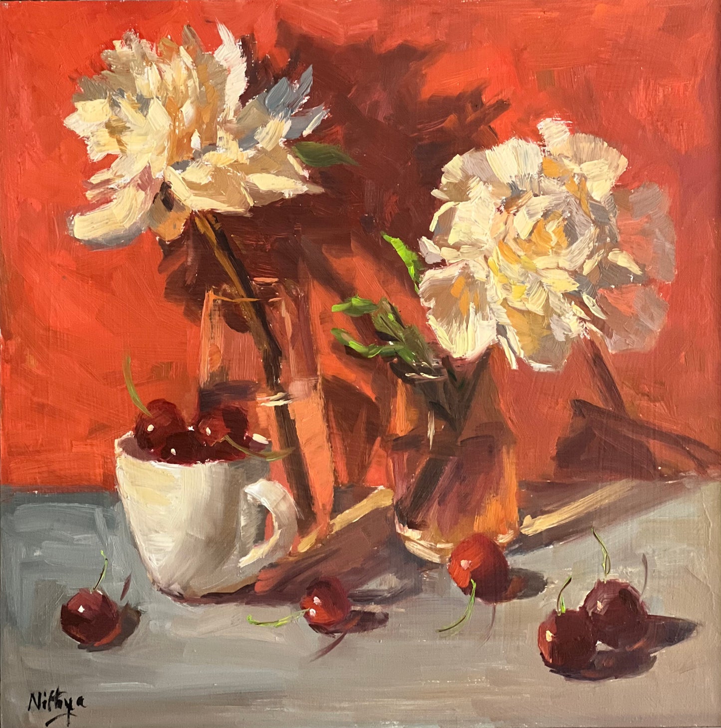 Peonies and Cherries on Red