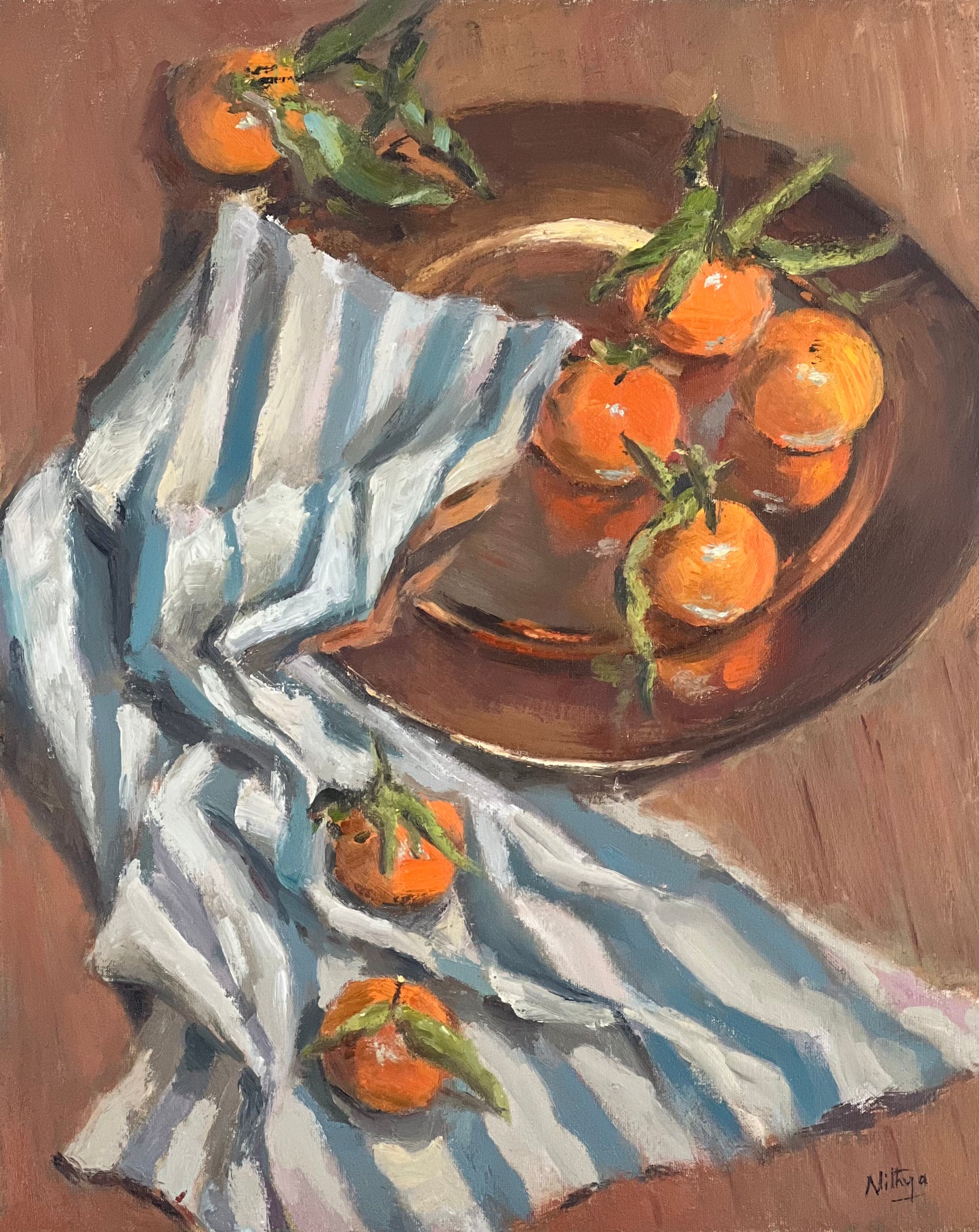 Large Still Life Oil Painting - Oranges and fabric