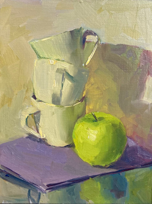 Green Apple and cups 2 - Small Original Oil Painting