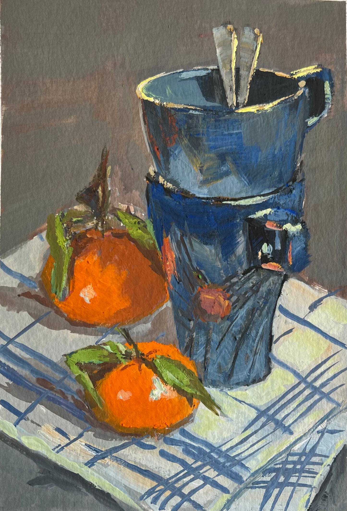 Coffee mugs and oranges in gouache