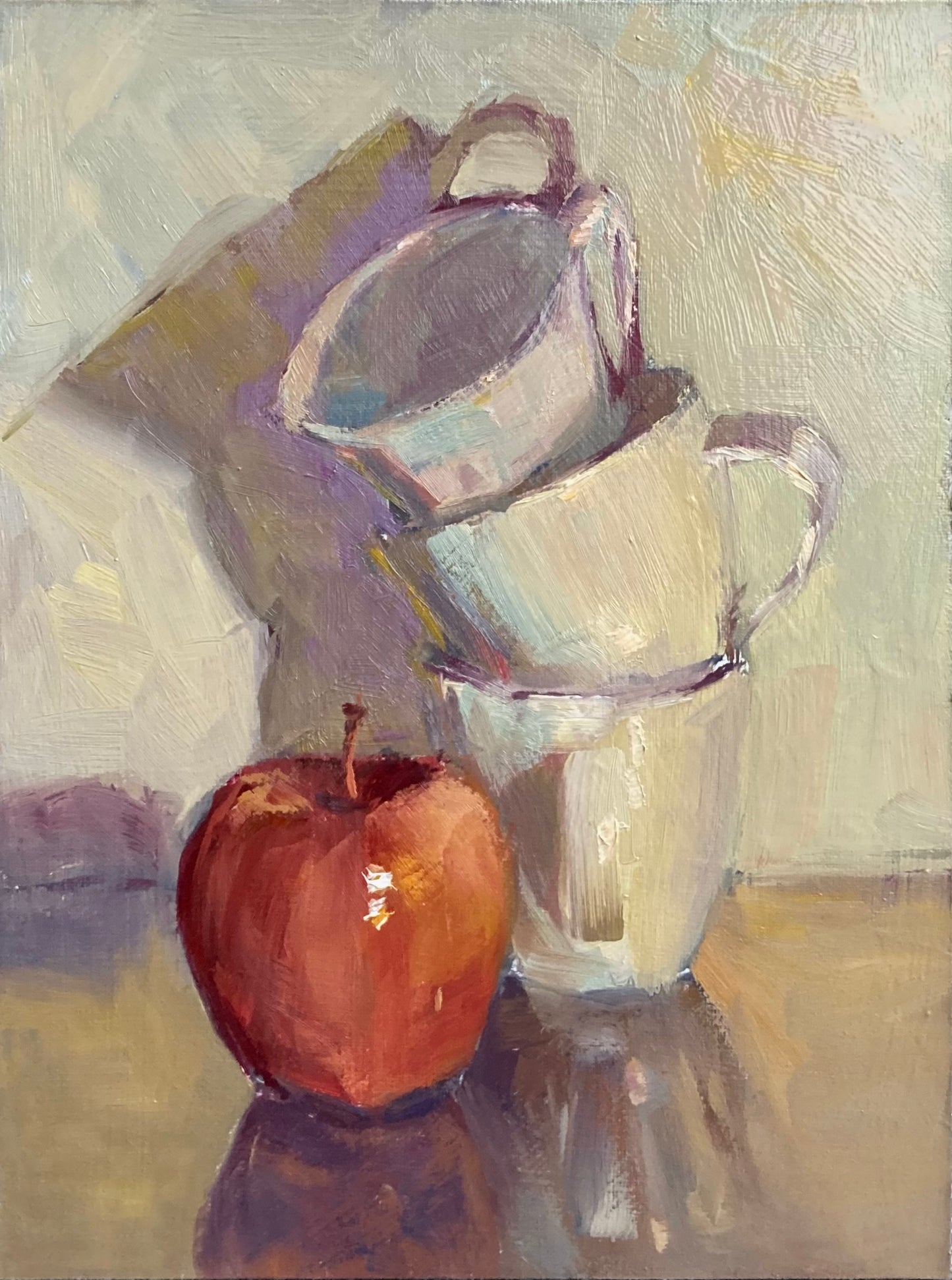 Red Apple and cups 2 - Small Original Oil Painting