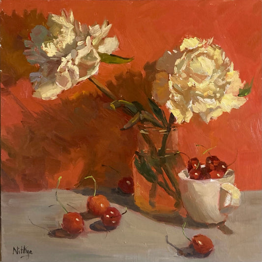 Peonies and Cherries on Red! - Still Life Oil Painting