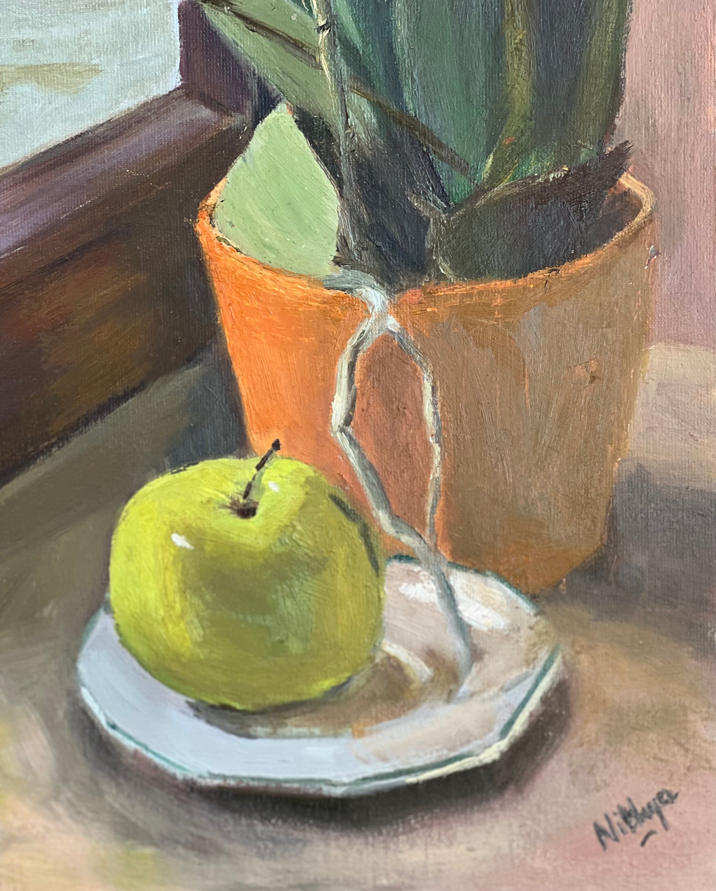 Still Life Oil Painting - Orchids and Apple on a windowsill