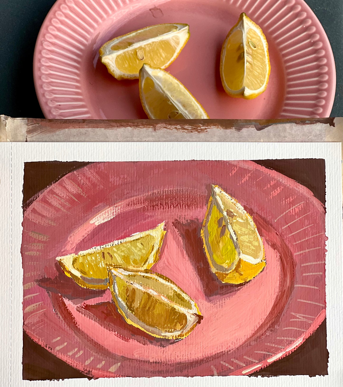 Lemons on Pink - Small Still Life Gouache Painting