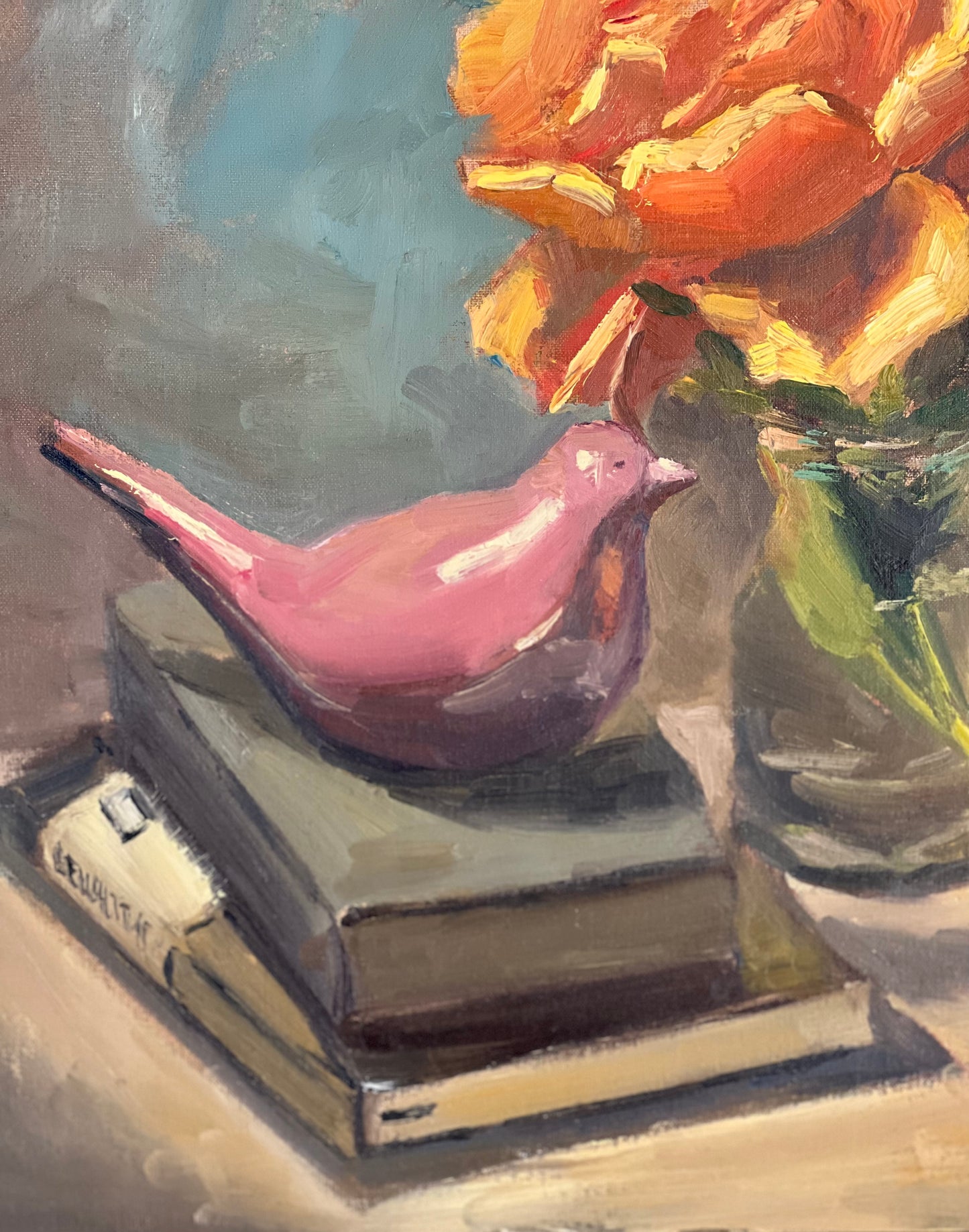 Large Oil Painting of Roses - A rose and some books!