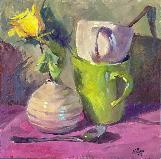 Stilllife Painting - Green cup on Pink