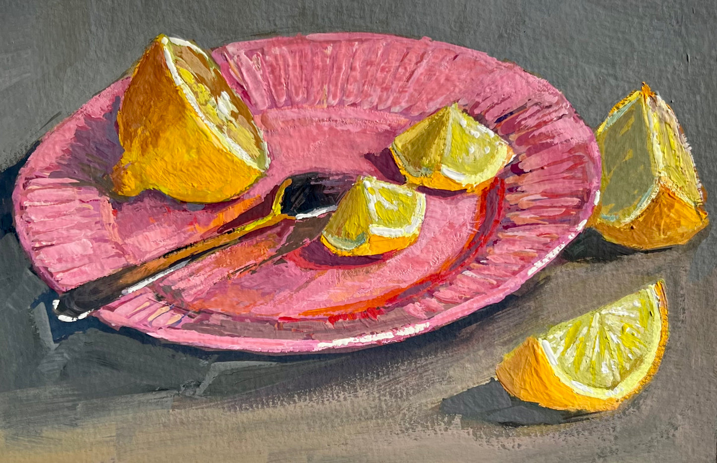 Lemons on Pink 2 - Small Still Life Gouache Painting