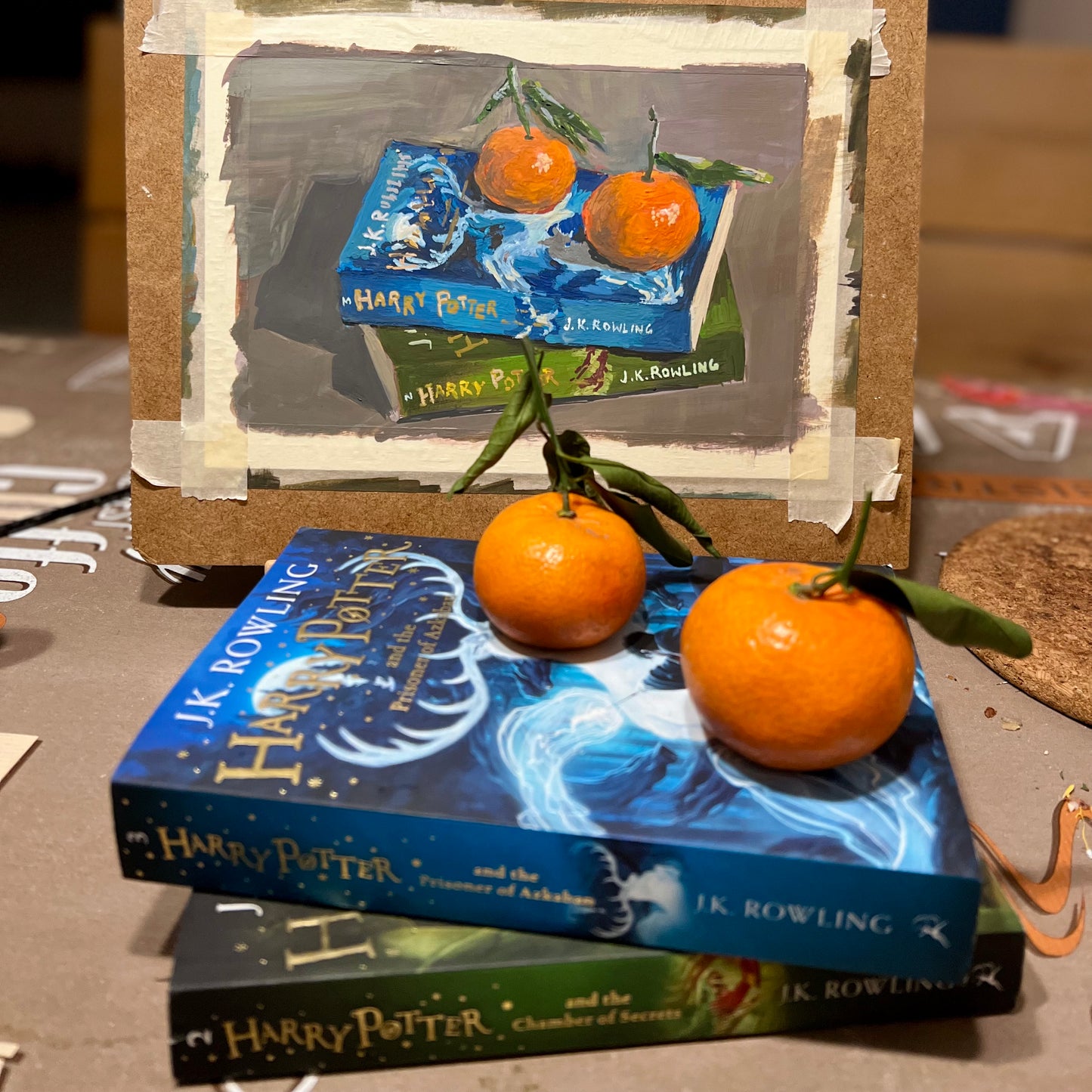Gouache Painting - Oranges on books!
