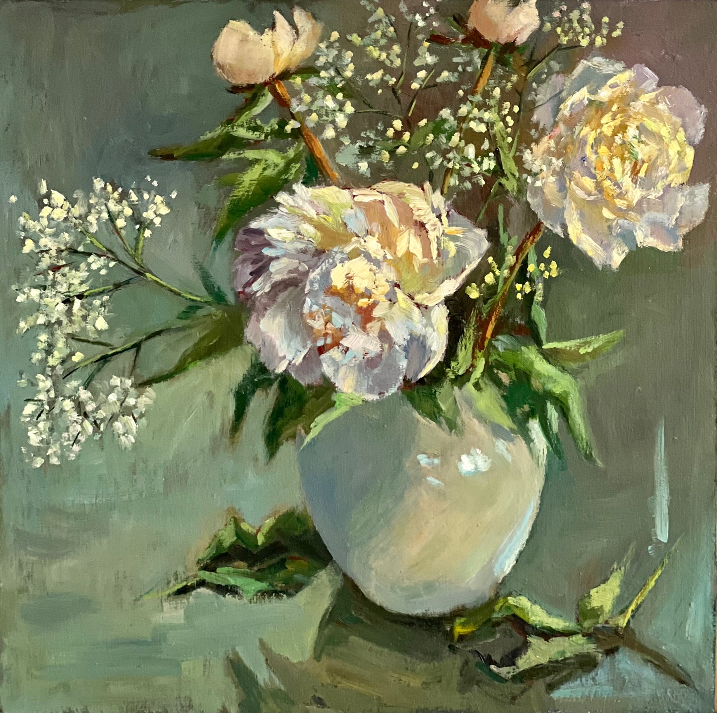 White peony party!  - Large Original Oil Painting of Peony Flowers