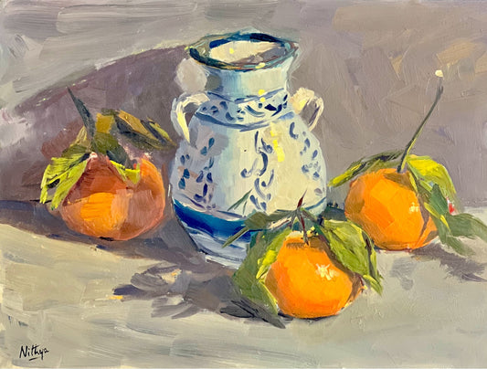 Still Life Oil Painting - Oranges and a Vase