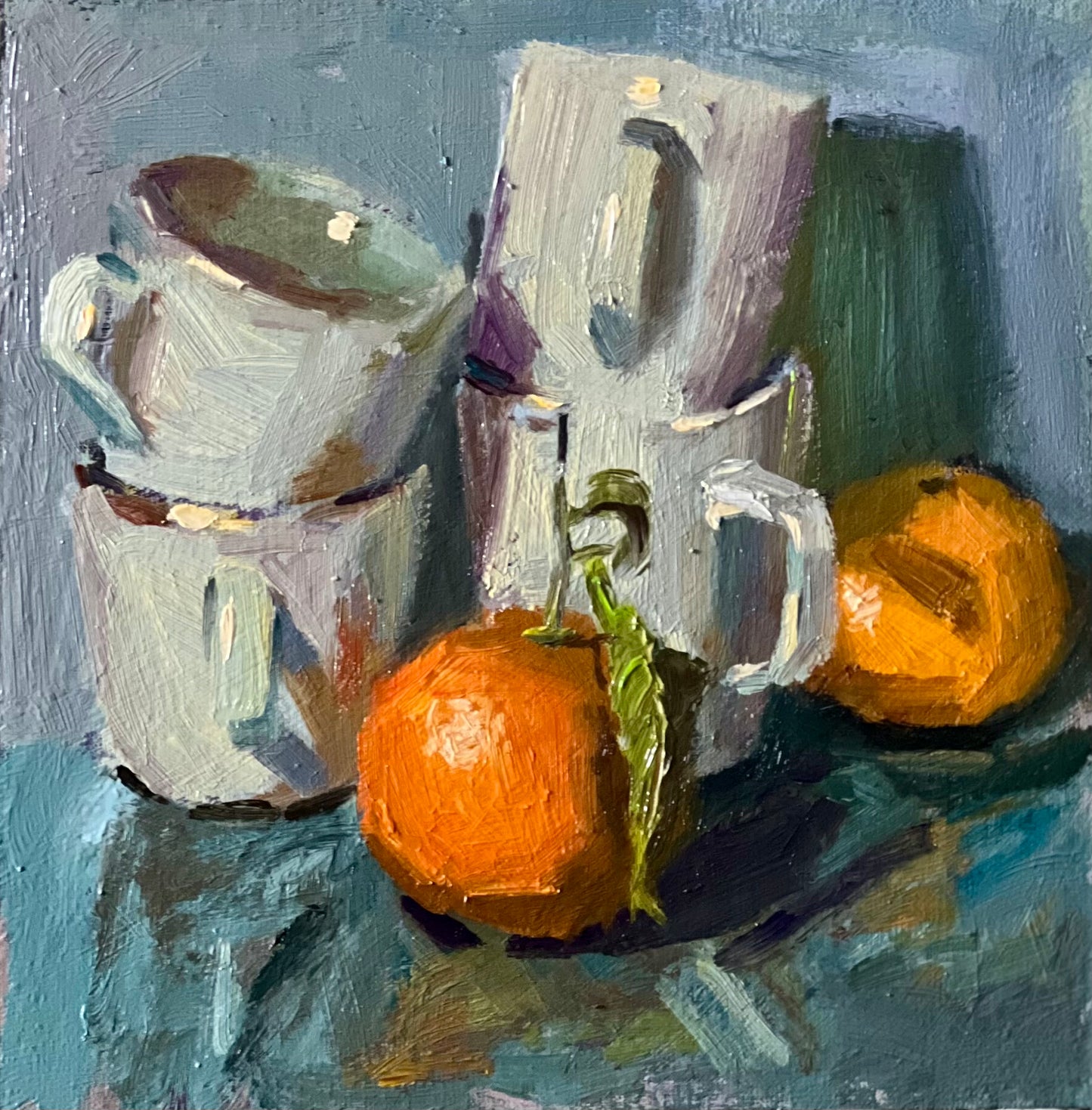 Oranges and Cups on Blue! - Still Life Oil Painting