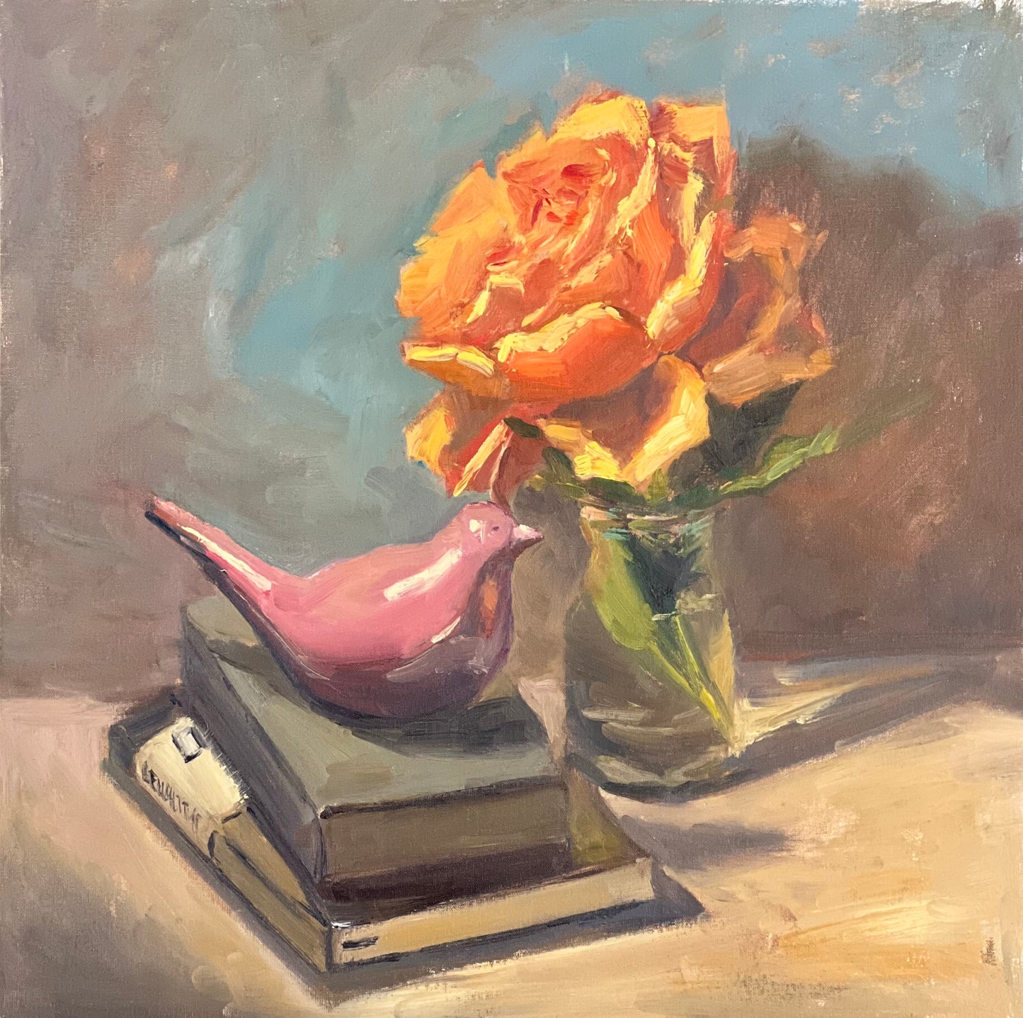 Large Oil Painting of Roses - A rose and some books!