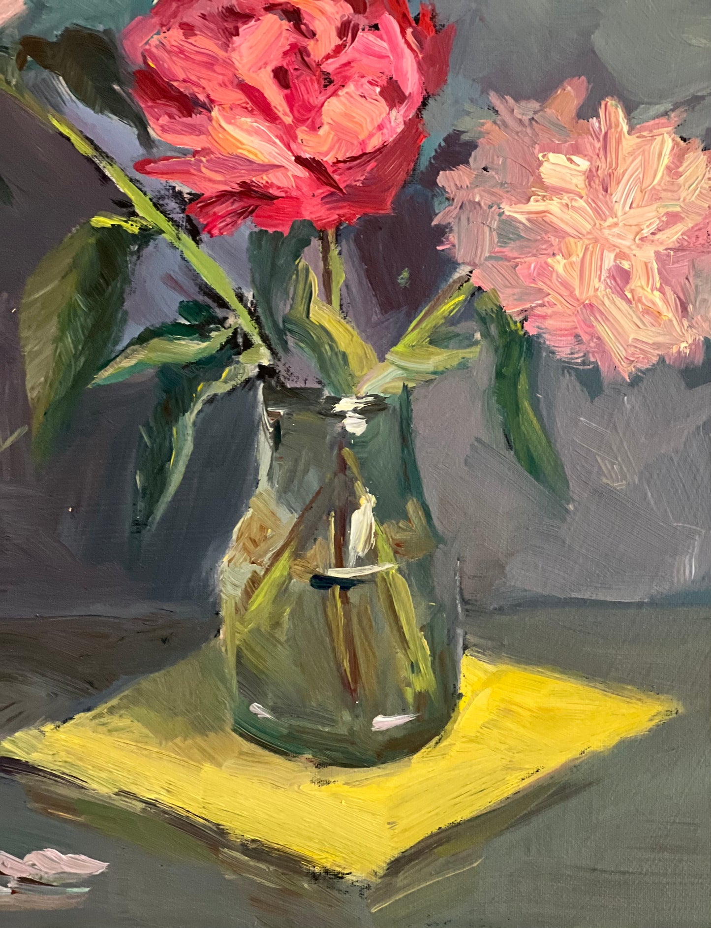 Pink Peonies on Yellow - Original Oil Painting of Flowers