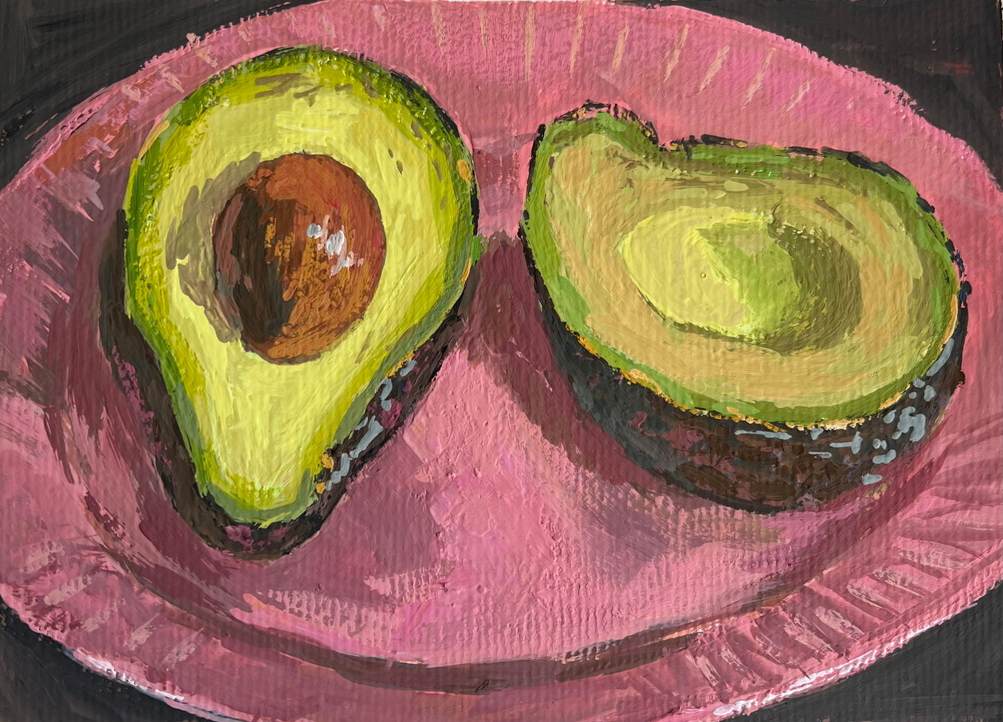 Gouache Painting: Avocado halves on Pink 2