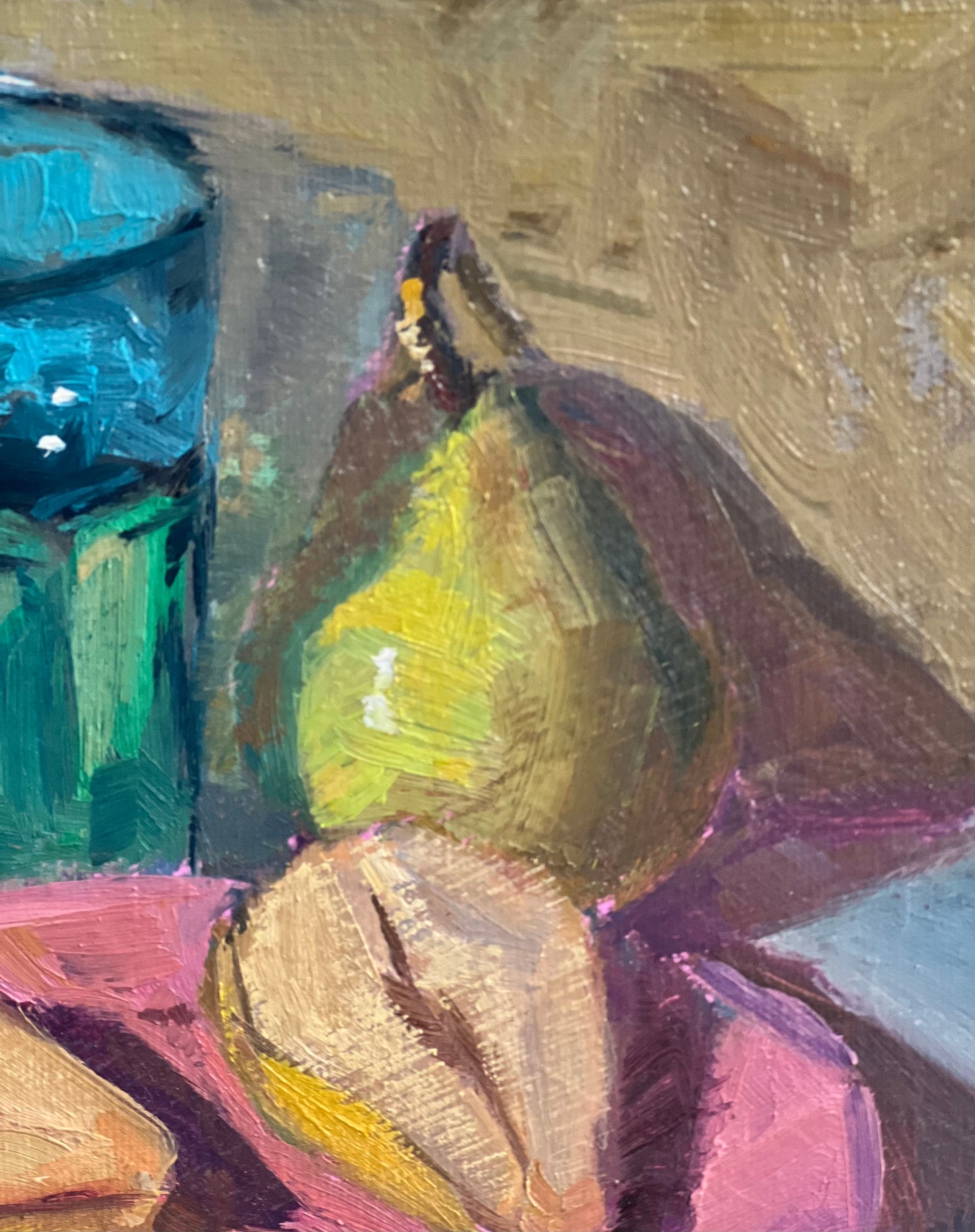 Pears with a blue glass - Small oil painting, 8 by 8 inches