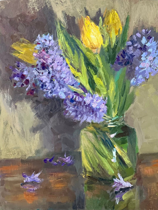 Floral Painting - Tulips and Purple Hyacinths