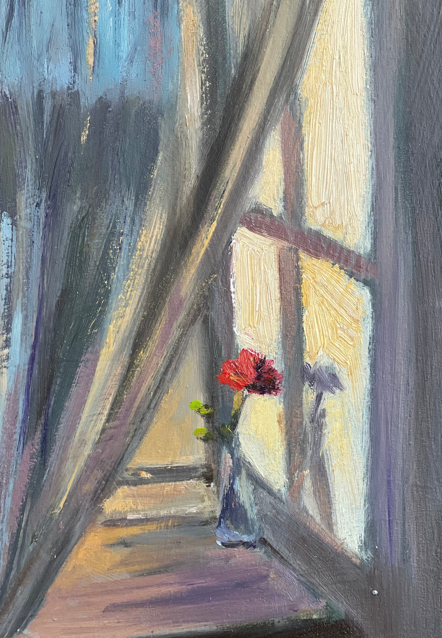 Still Life Oil Painting - Red rose on a windowsill