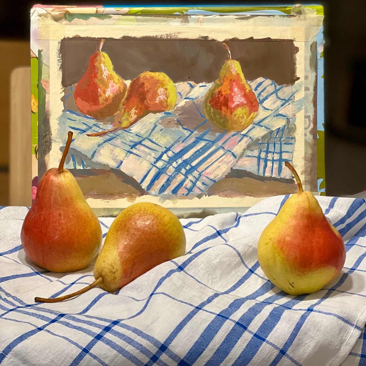 Pears and Fabric in Gouache