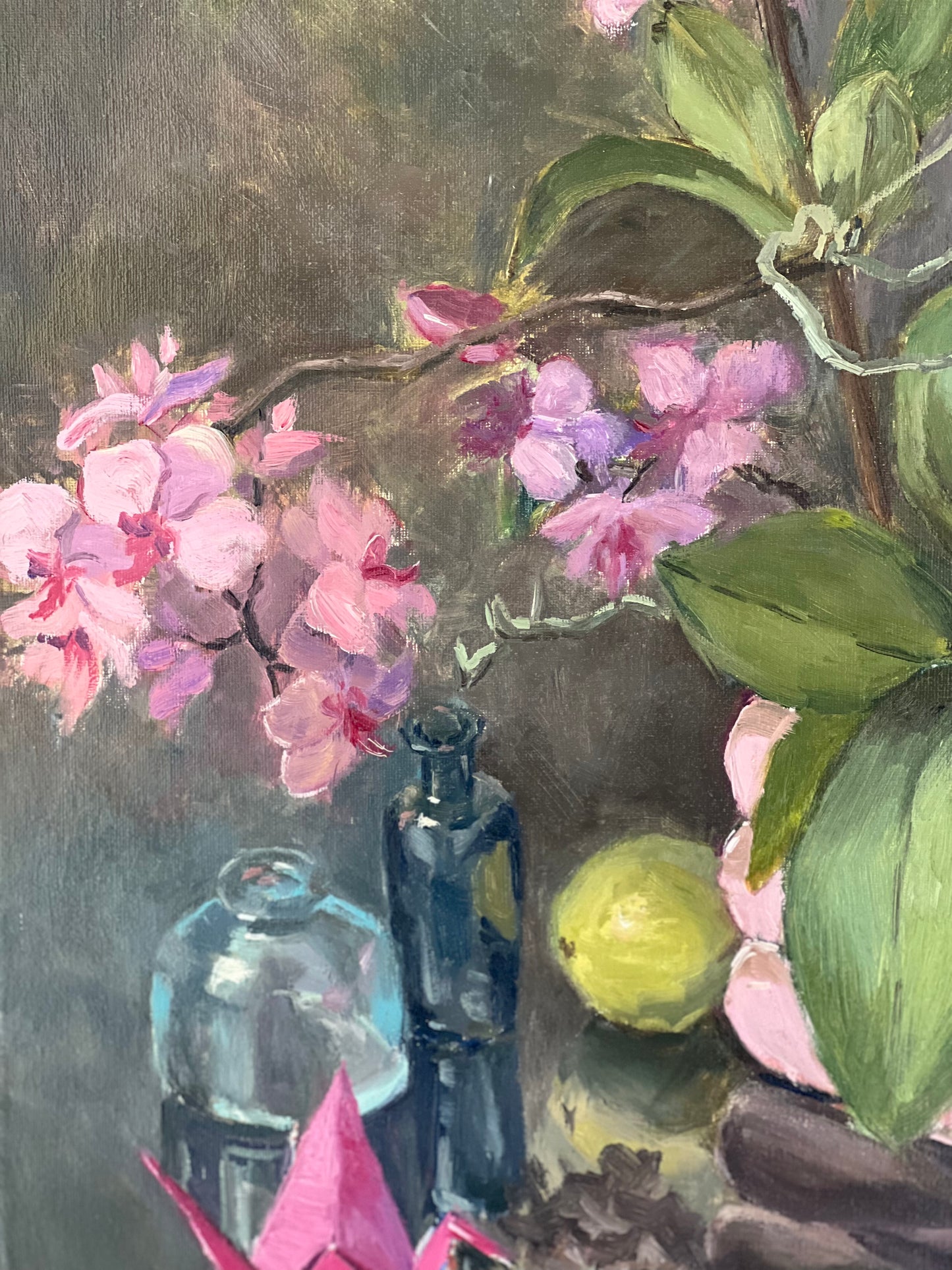 Large Floral Oil Painting - Orchids and Pears