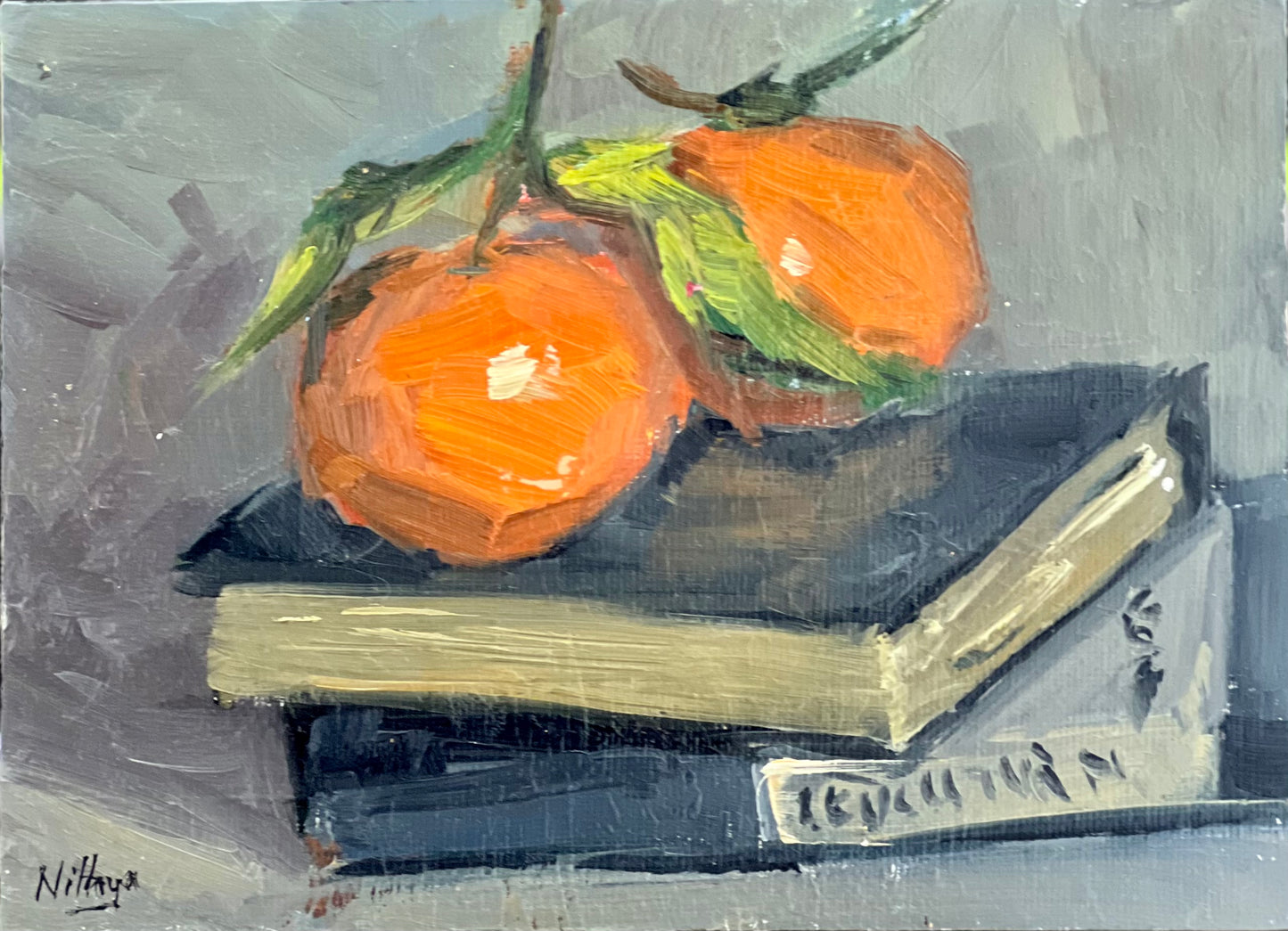 Small Stilllife Painting - Oranges and books!