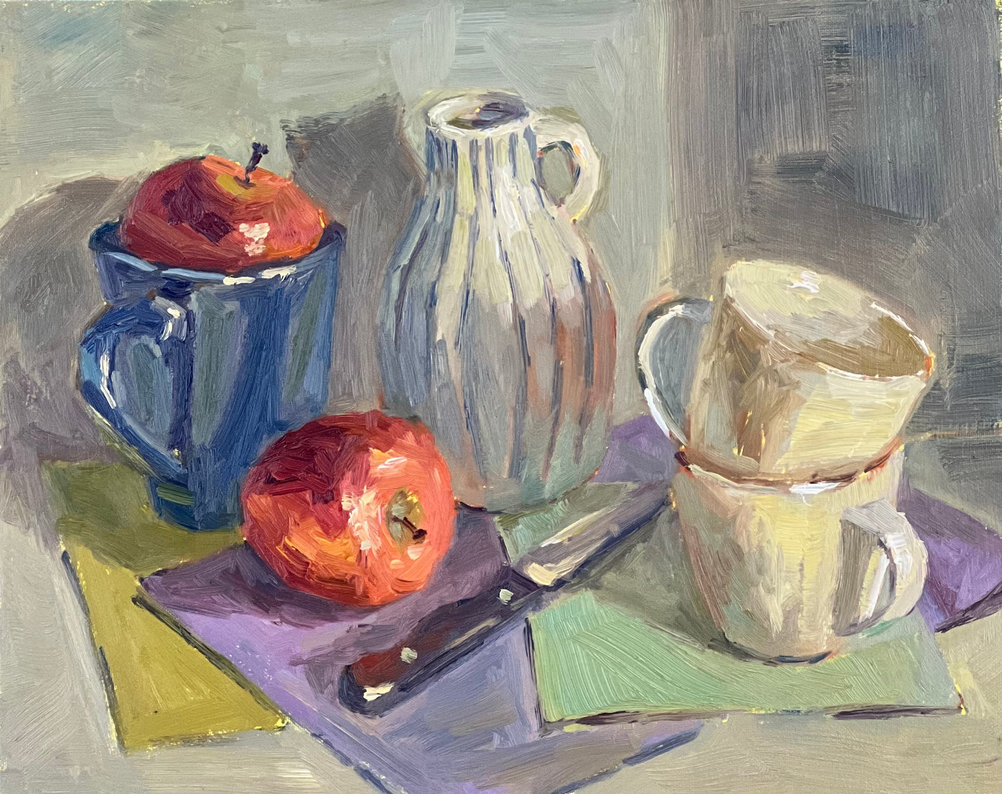 Still Life Oil Painting - Apples with Blue cups!