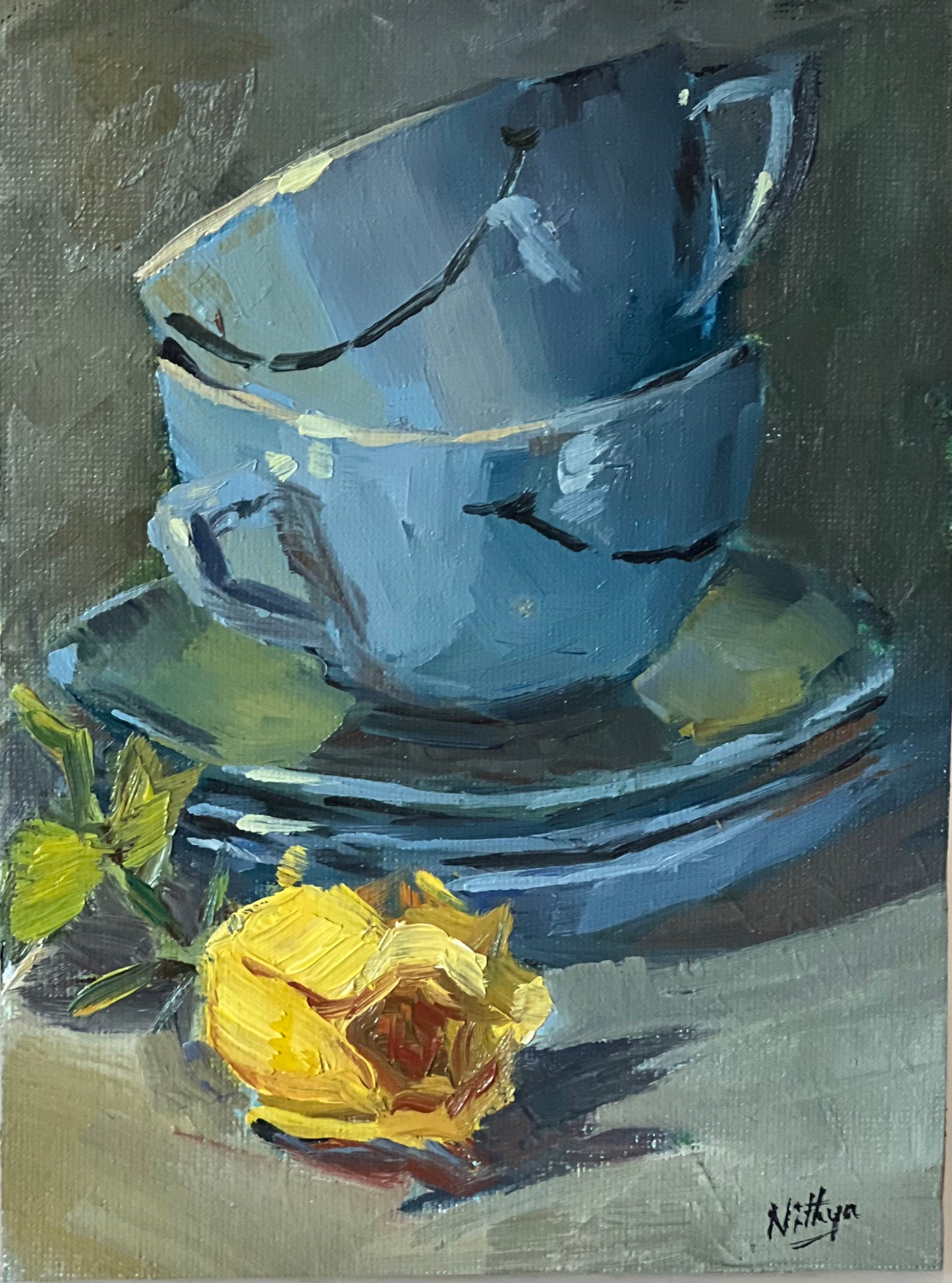 Small Stilllife Painting - Smiley Cups and a Rose