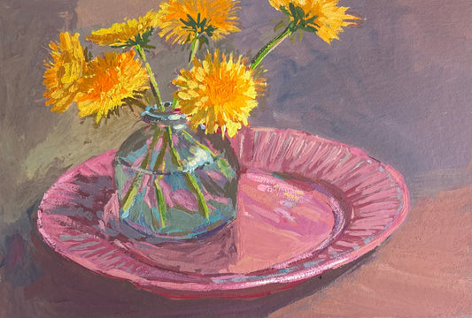 Dandelions on Pink - 3 - Gouache Painting