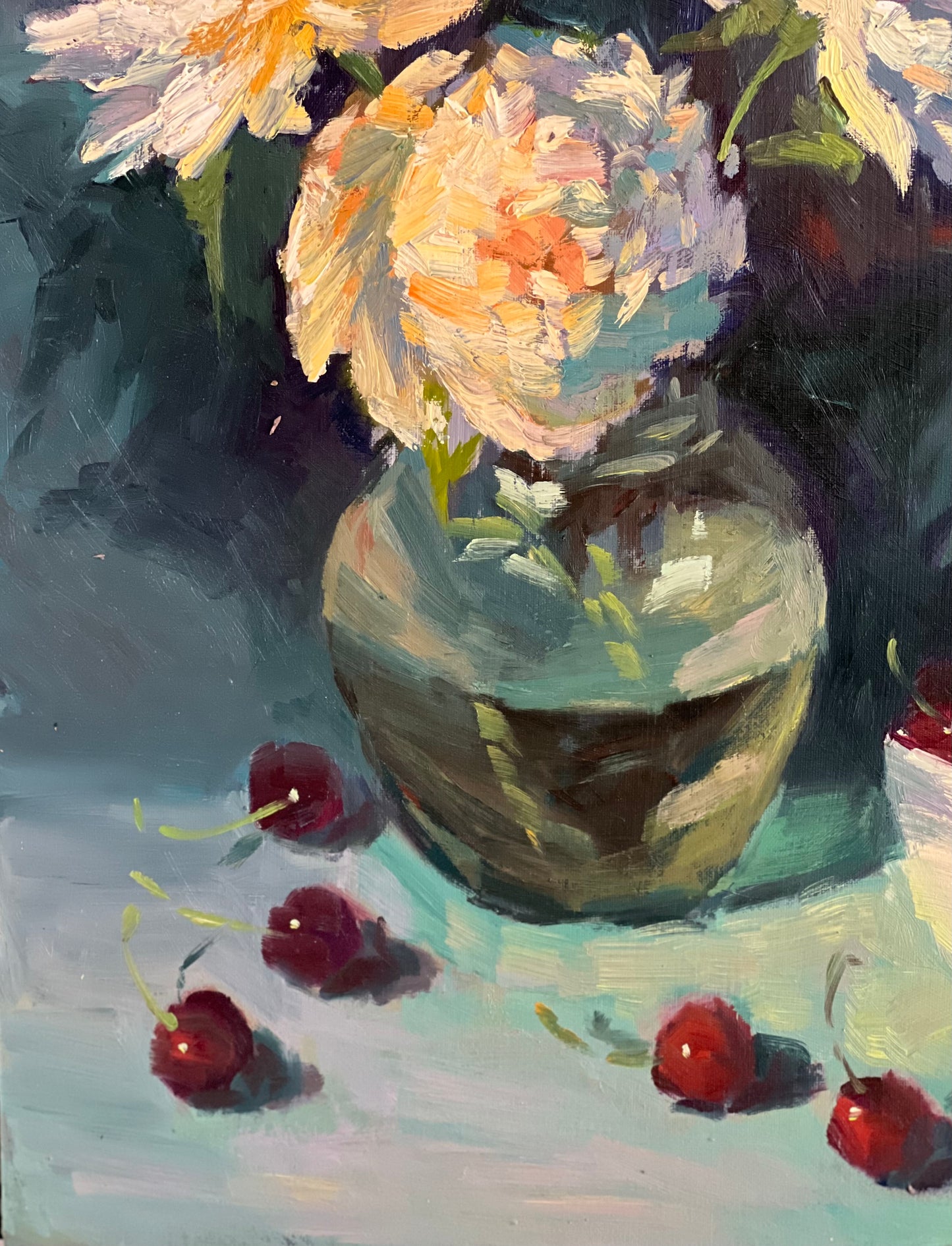 Peony Nocturne with Cherries!  - Large Original Oil Painting of Peony Flowers