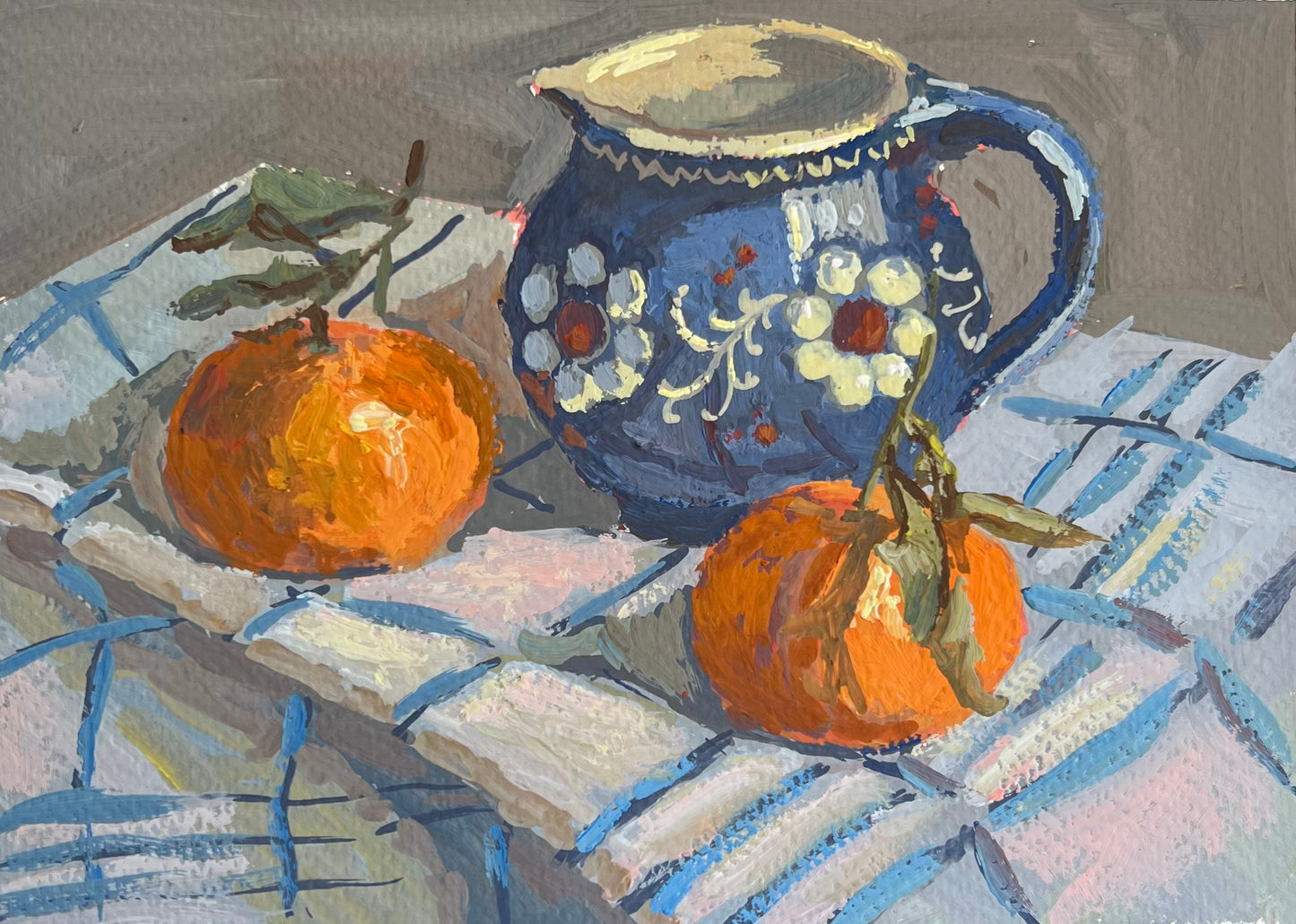 Gouache Painting - Oranges with Blue Jar!