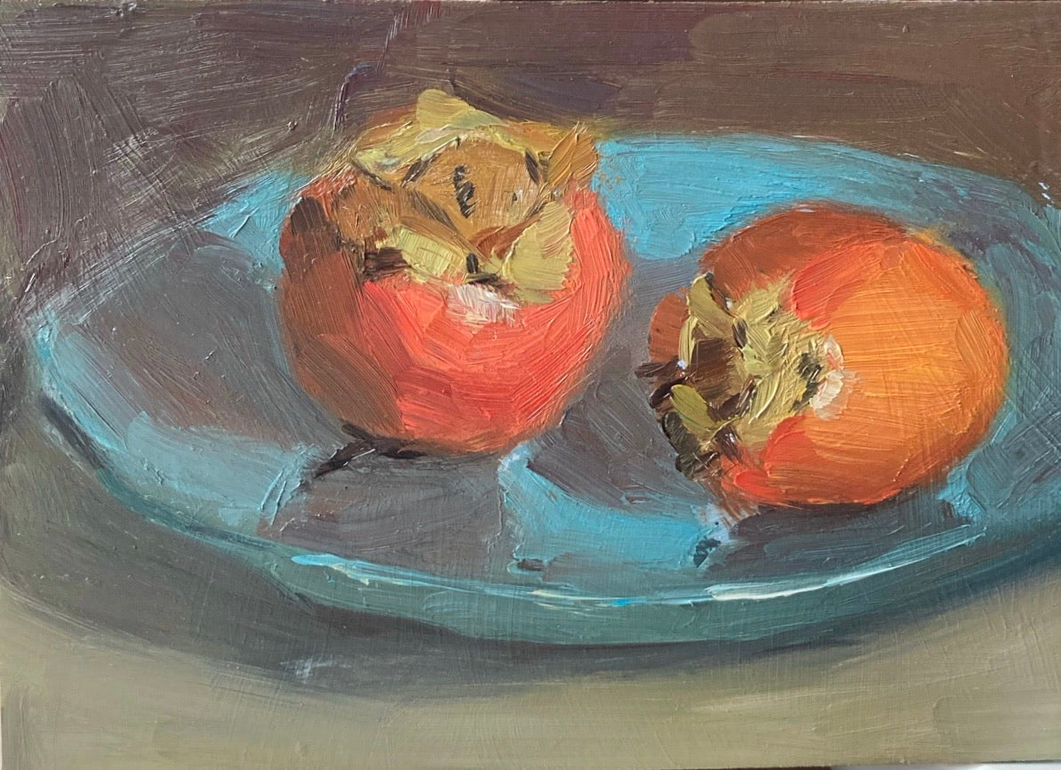 Small stilllife with persimmons on blue