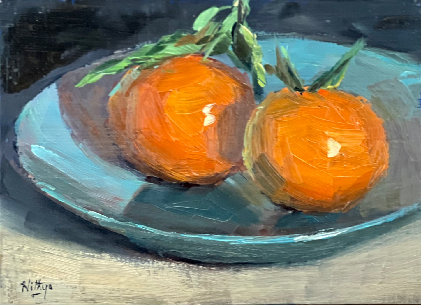 Small Stilllife Painting - Oranges on Blue