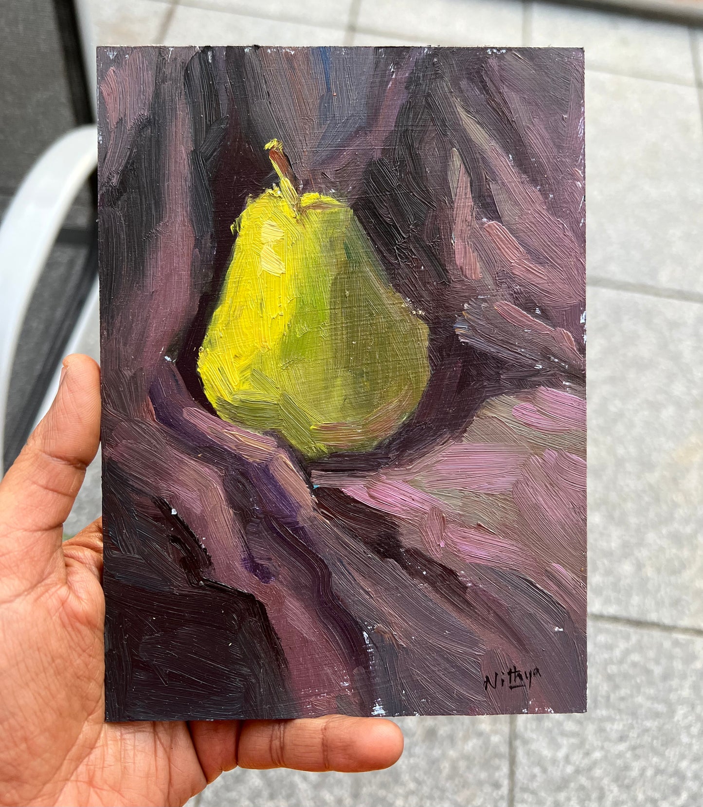 Small Stilllife Painting - Pear and Fabric