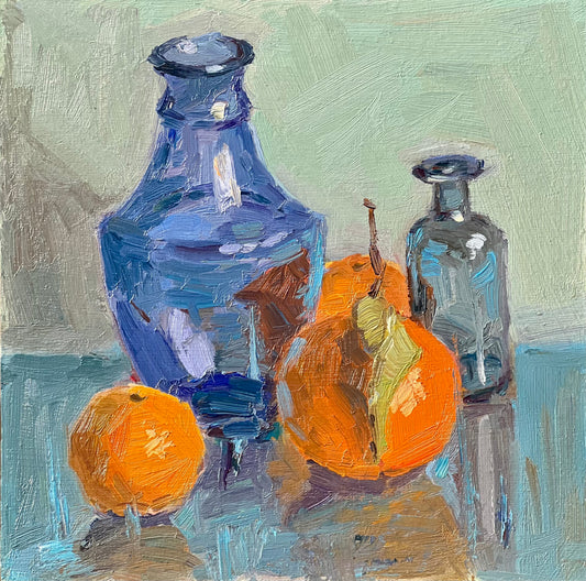 Mandarines with Blues on blue! - Still Life Oil Painting